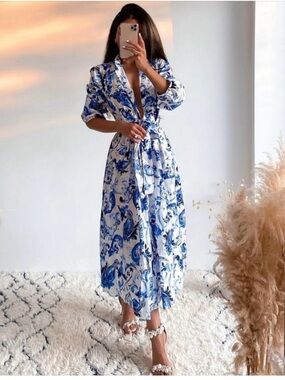 Zara White and Blue Floral Wrap Midi Dress